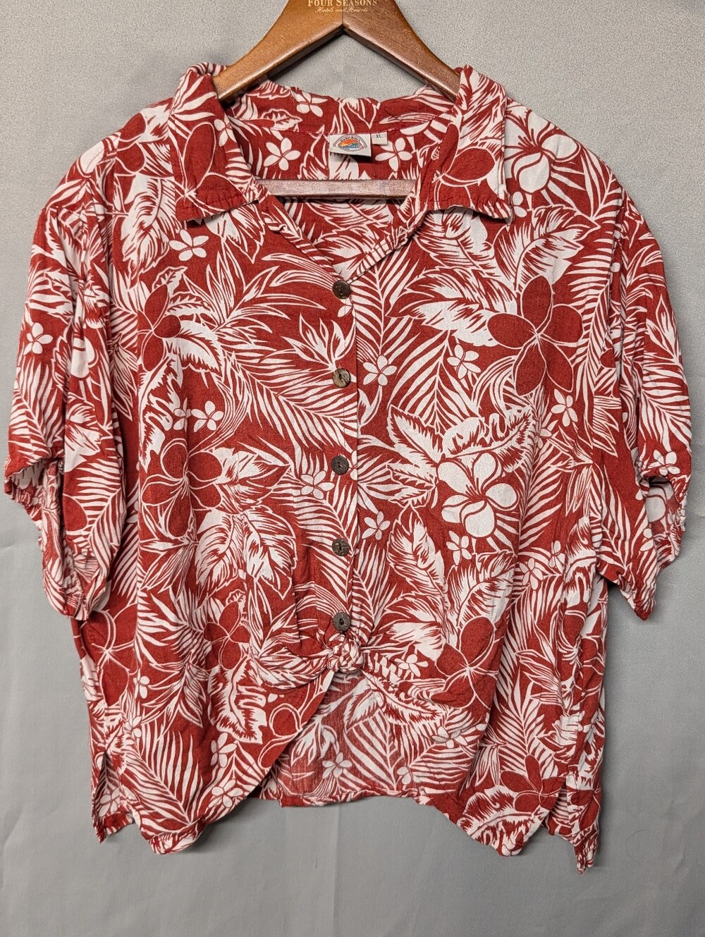 Rust Red Tropical Button-Down Shirt with White Floral Print Size XL